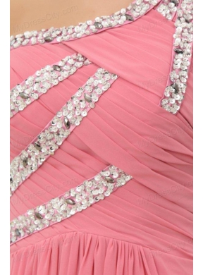 Empire Watermelon One Shoulder Beaded Decorate Full Length Prom Dress