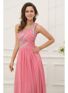 Empire Watermelon One Shoulder Beaded Decorate Full Length Prom Dress