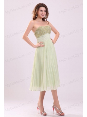 Empire Yellow Green Strapless Beading Pleats Chiffon Prom Dress