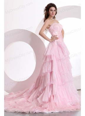 Exquisite A-line Sweetheart Court Train Ruching Pink Prom Dress