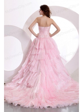 Exquisite A-line Sweetheart Court Train Ruching Pink Prom Dress