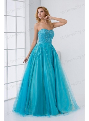 Gorgeous Princess Sweetheart Beading Tulle Aqua Blue Long Lace Up Prom Dress