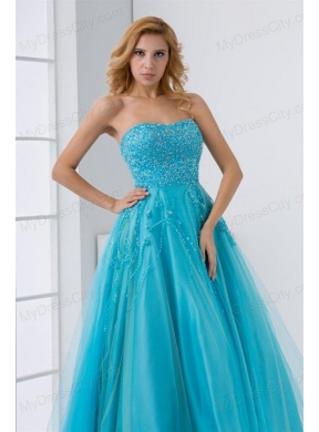 Gorgeous Princess Sweetheart Beading Tulle Aqua Blue Long Lace Up Prom Dress