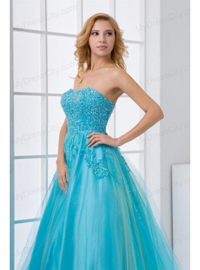 Gorgeous Princess Sweetheart Beading Tulle Aqua Blue Long Lace Up Prom Dress