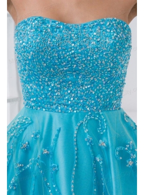 Gorgeous Princess Sweetheart Beading Tulle Aqua Blue Long Lace Up Prom Dress