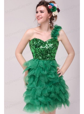 Green A-line One Shoulder Sequins and Ruffles Prom Dress