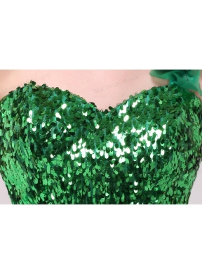 Green A-line One Shoulder Sequins and Ruffles Prom Dress