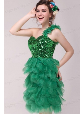 Green A-line One Shoulder Sequins and Ruffles Prom Dress