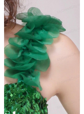 Green A-line One Shoulder Sequins and Ruffles Prom Dress