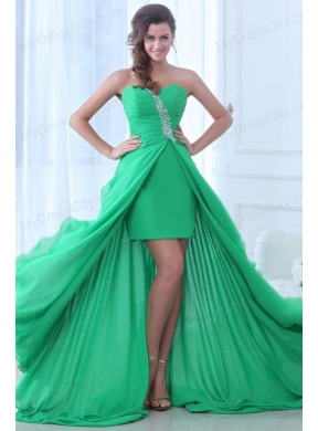 Green Sweetheart Beading and Ruching High-low Prom Dress