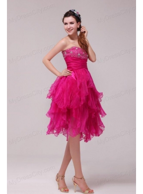 Hot Pink Sweetheart Beading and Ruffles Asymmetrical Prom Dress