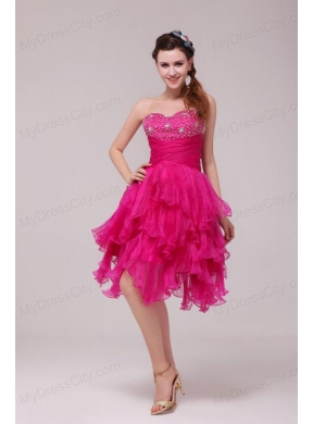 Hot Pink Sweetheart Beading and Ruffles Asymmetrical Prom Dress