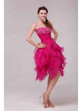 Hot Pink Sweetheart Beading and Ruffles Asymmetrical Prom Dress