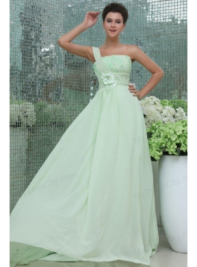 Light Blue Empire One Shoulder Appliques and Ruching Prom Dress