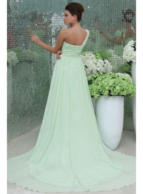 Light Blue Empire One Shoulder Appliques and Ruching Prom Dress