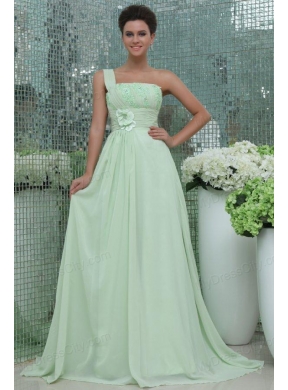 Light Blue Empire One Shoulder Appliques and Ruching Prom Dress