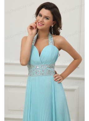 Light Blue Halter Top Neck Beading and Pleats Long Prom Dress