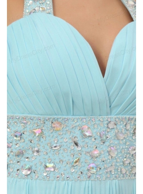 Light Blue Halter Top Neck Beading and Pleats Long Prom Dress