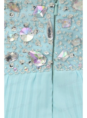 Light Blue Halter Top Neck Beading and Pleats Long Prom Dress