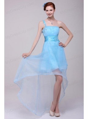 Light Blue One Shoulder High-low Beaded Decorate Prom Dress for Girls