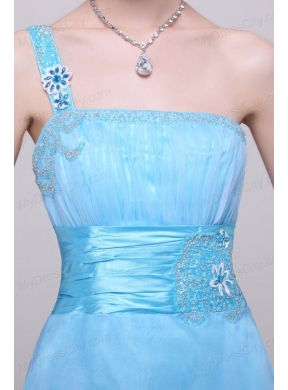 Light Blue One Shoulder High-low Beaded Decorate Prom Dress for Girls