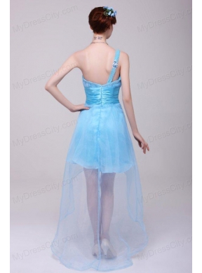 Light Blue One Shoulder High-low Beaded Decorate Prom Dress for Girls