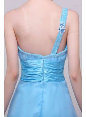 Light Blue One Shoulder High-low Beaded Decorate Prom Dress for Girls