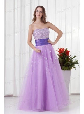 Lovely A-line Strapless Tulle Lilac Beading Prom Dress with Lace Up