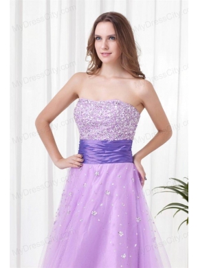 Lovely A-line Strapless Tulle Lilac Beading Prom Dress with Lace Up