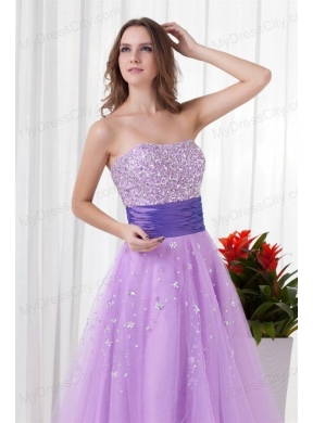 Lovely A-line Strapless Tulle Lilac Beading Prom Dress with Lace Up