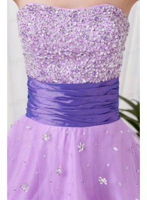 Lovely A-line Strapless Tulle Lilac Beading Prom Dress with Lace Up