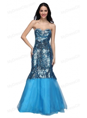 Mermaid Blue Sweetheart Sequins Beading Organza Long Prom Dress