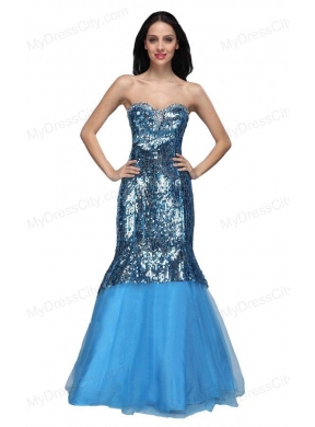 Mermaid Blue Sweetheart Sequins Beading Organza Long Prom Dress