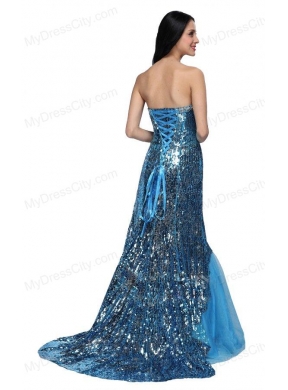 Mermaid Blue Sweetheart Sequins Beading Organza Long Prom Dress