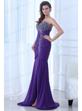 Mermaid Eggplant Purple Sweetheart High Slit Beading Chiffon Prom Dress