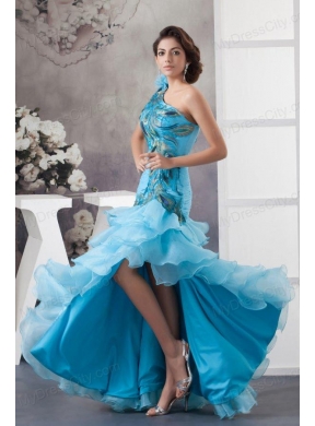 Mermaid One Shoulder Blue Appliques and Ruffled Layers Orange Prom Dress