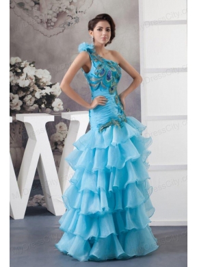 Mermaid One Shoulder Blue Appliques and Ruffled Layers Orange Prom Dress