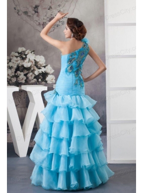 Mermaid One Shoulder Blue Appliques and Ruffled Layers Orange Prom Dress