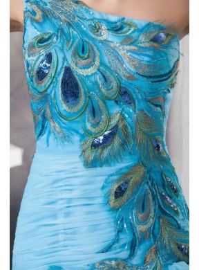 Mermaid One Shoulder Blue Appliques and Ruffled Layers Orange Prom Dress