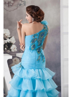 Mermaid One Shoulder Blue Appliques and Ruffled Layers Orange Prom Dress