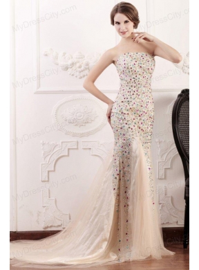 Mermaid Strapless Champagne Beading Court Train Prom Dress