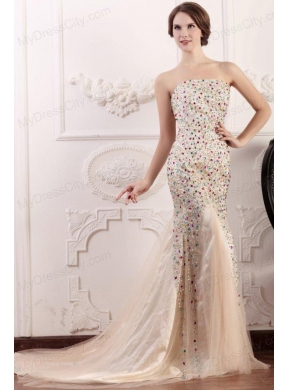 Mermaid Strapless Champagne Beading Court Train Prom Dress