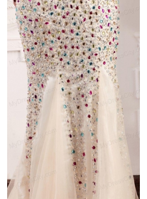 Mermaid Strapless Champagne Beading Court Train Prom Dress