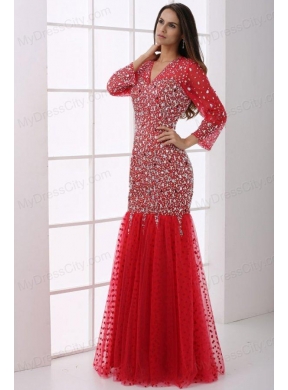 Mermaid V-neck Wine Red Beading Tulle Long Sleeves Prom Dress