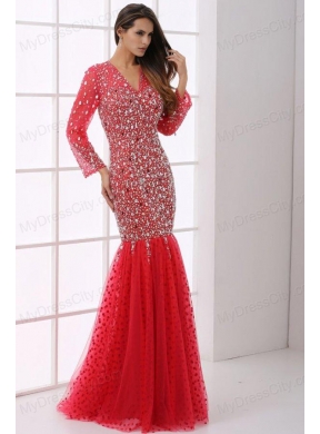 Mermaid V-neck Wine Red Beading Tulle Long Sleeves Prom Dress