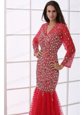 Mermaid V-neck Wine Red Beading Tulle Long Sleeves Prom Dress