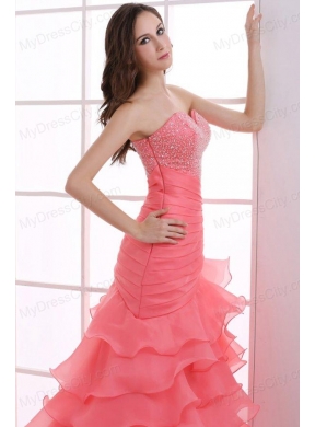 Mermaid Watermelon Red Sweetheart Beading Ruffled Layers Ruching Prom Dress