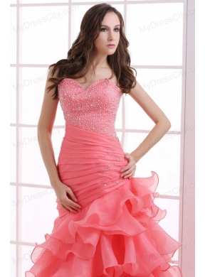 Mermaid Watermelon Red Sweetheart Beading Ruffled Layers Ruching Prom Dress