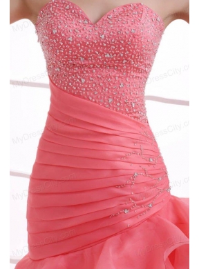 Mermaid Watermelon Red Sweetheart Beading Ruffled Layers Ruching Prom Dress