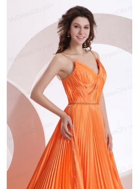 Modest Princes Straps Court Train Taffeta Orange Prom Dress with Ruching